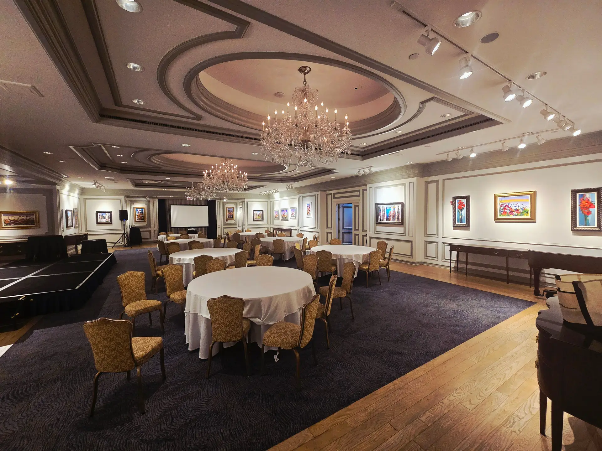 Refined restaurant interior with detailed ceiling design